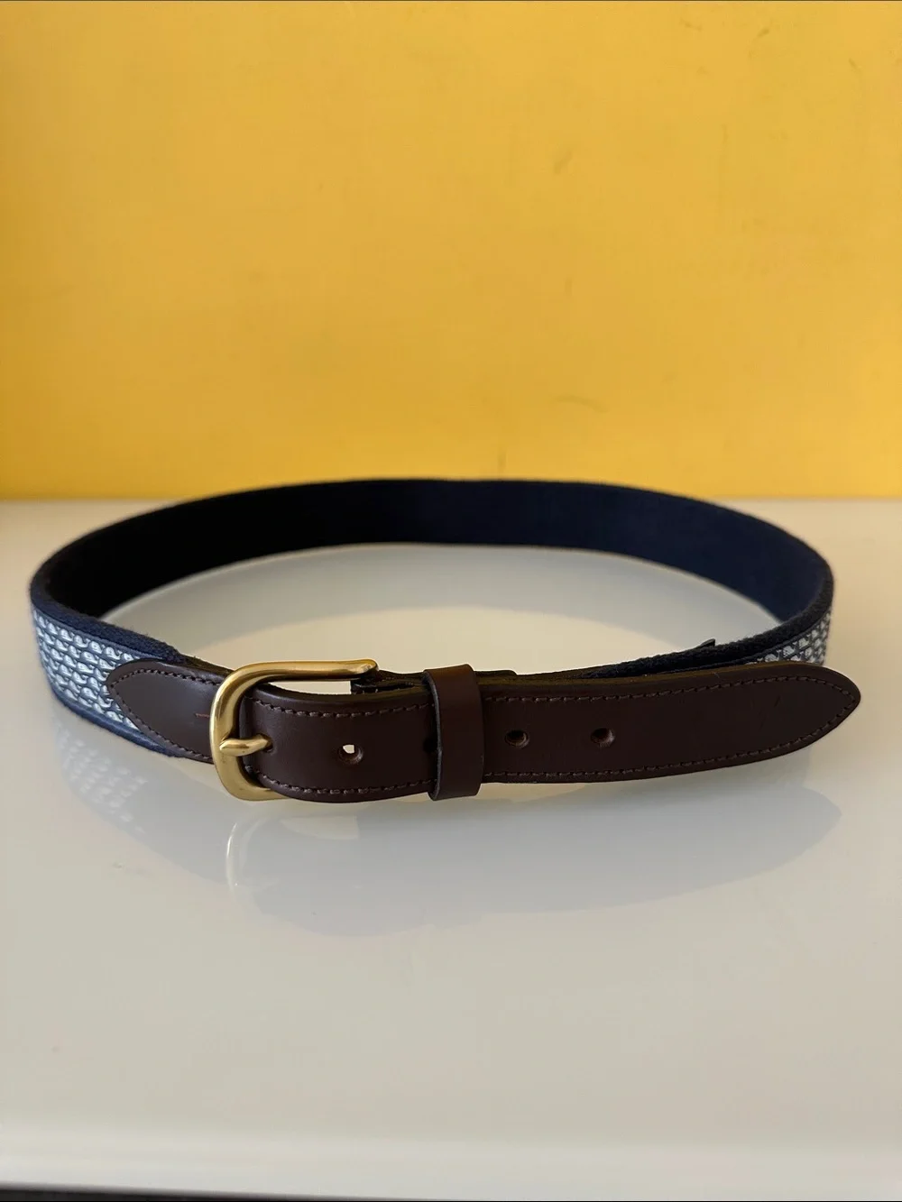 Vineyard Vines Navy Whale-Print Webbing Belt with Brown Leather Trim Size 30